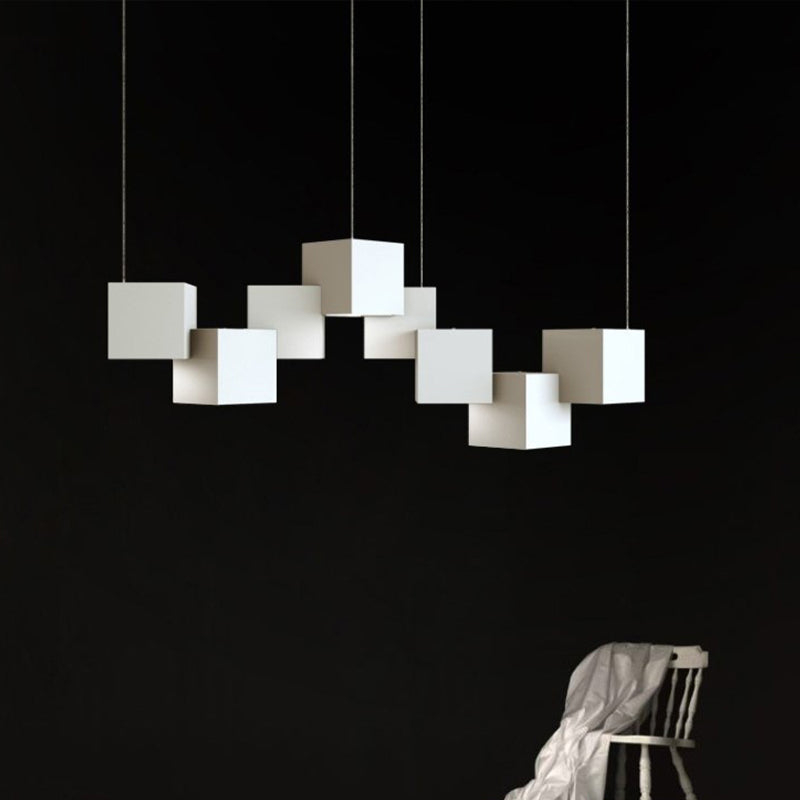 Plafonnier cube moderniste - Lampe suspendue à 8 ampoules LED en métal, noir/blanc épissé, lumière blanche/chaude, largeur 25,5"/28"