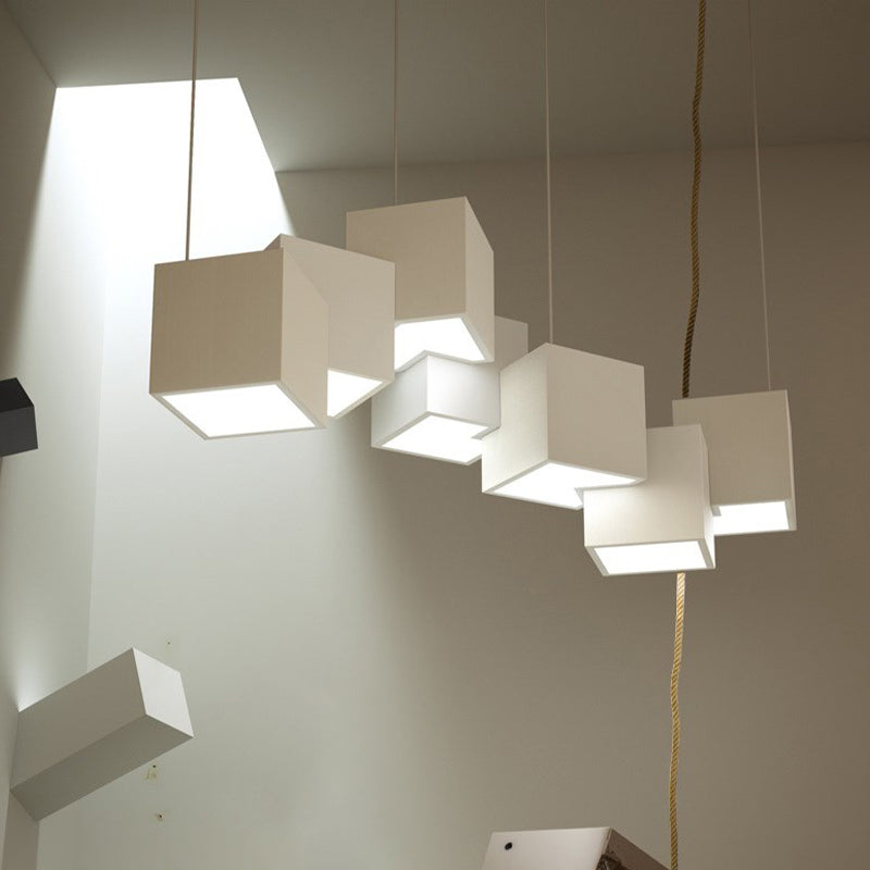 Modernist Cube Ceiling Light - Black/White Spliced 8 Lights Metal Led Pendant Lamp In White/Warm