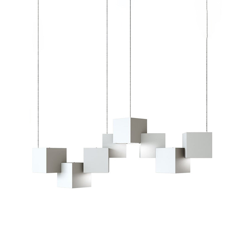 Plafonnier cube moderniste - Lampe suspendue à 8 ampoules LED en métal, noir/blanc épissé, lumière blanche/chaude, largeur 25,5"/28"