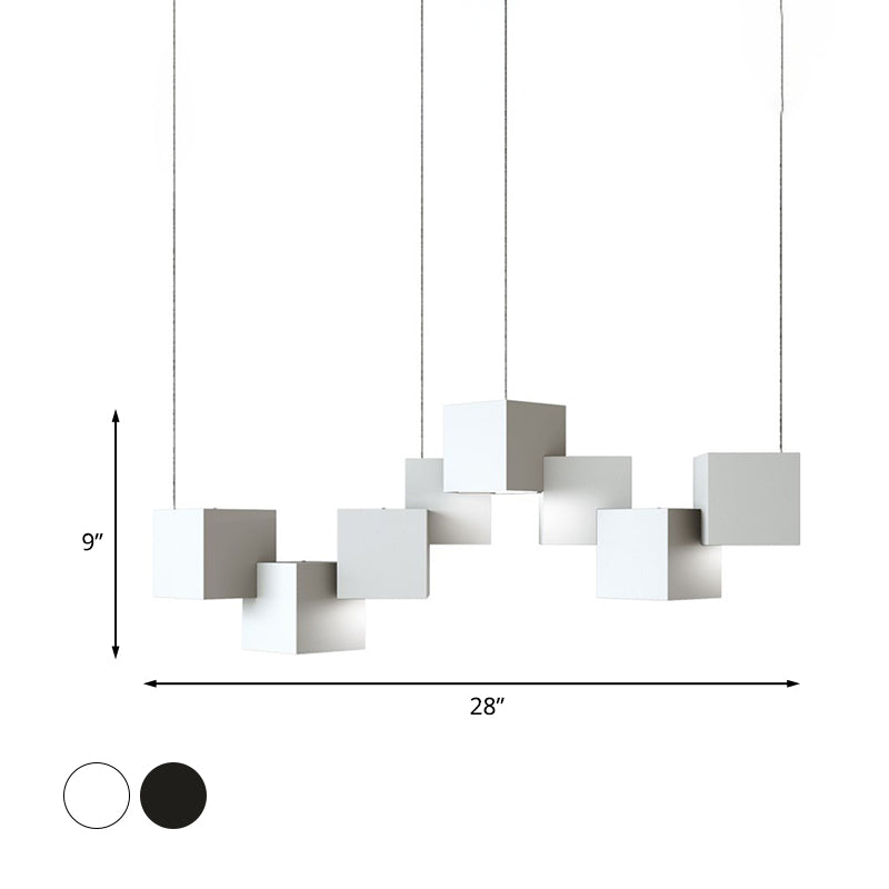 Plafonnier cube moderniste - Lampe suspendue à 8 ampoules LED en métal, noir/blanc épissé, lumière blanche/chaude, largeur 25,5"/28"