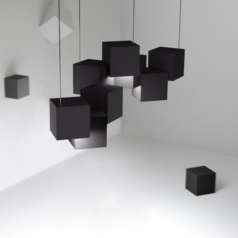 Plafonnier cube moderniste - Lampe suspendue à 8 ampoules LED en métal, noir/blanc épissé, lumière blanche/chaude, largeur 25,5"/28"