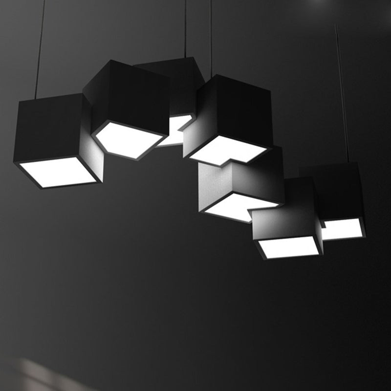 Plafonnier cube moderniste - Lampe suspendue à 8 ampoules LED en métal, noir/blanc épissé, lumière blanche/chaude, largeur 25,5"/28"