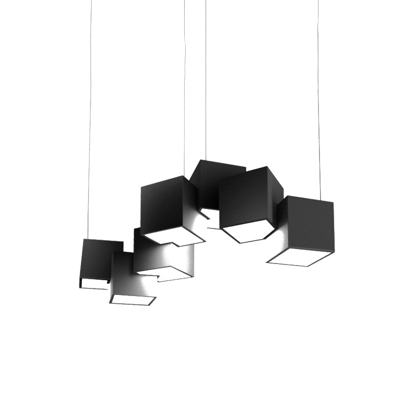 Plafonnier cube moderniste - Lampe suspendue à 8 ampoules LED en métal, noir/blanc épissé, lumière blanche/chaude, largeur 25,5"/28"