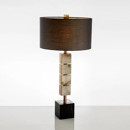 Modernist 1-Light Brown Desk Lamp With Cube Marble Base - Drum Fabric Table Lighting