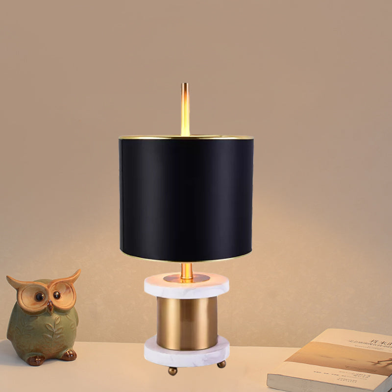 Modern Black Marble Reading Lamp With Fabric Drum Shade - Sleek Night Table Light 1 Head