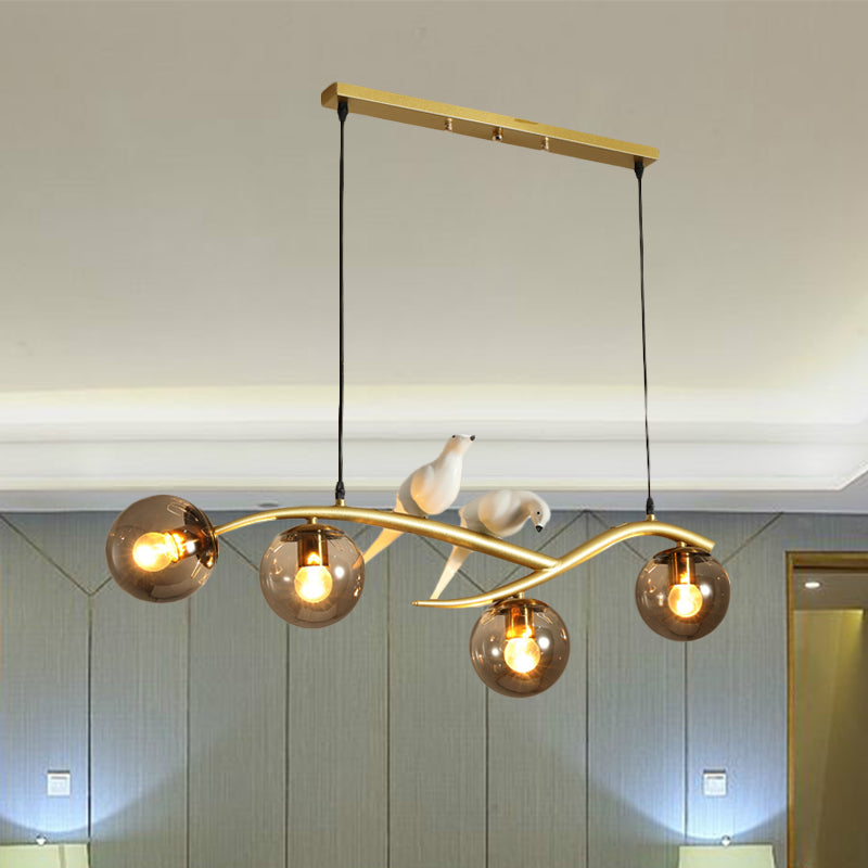 Globe Chandelier Light - Milk White/Smoke Grey Glass - Minimal 4 Lights - Black/Gold Finish - Birds Deco
