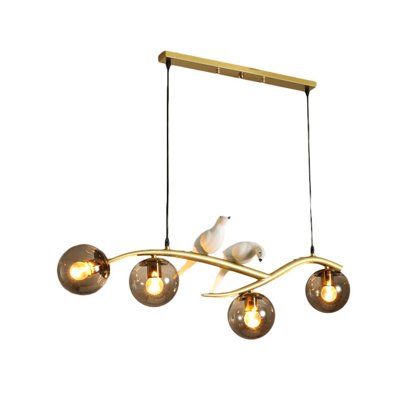 Globe Chandelier Light - Milk White/Smoke Grey Glass - Minimal 4 Lights - Black/Gold Finish - Birds Deco