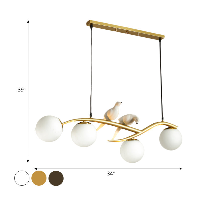 Globe Chandelier Light - Milk White/Smoke Grey Glass - Minimal 4 Lights - Black/Gold Finish - Birds Deco