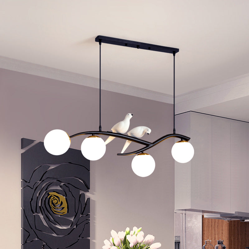 Globe Chandelier Light - Milk White/Smoke Grey Glass - Minimal 4 Lights - Black/Gold Finish - Birds Deco