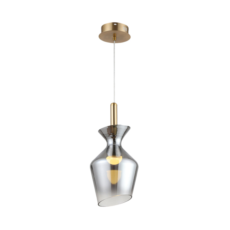 Led Brass Cup Pendant With Smoky Gray Glass Shade - Minimalist Ceiling Light