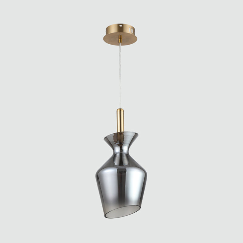 Modern LED Ceiling Light - Sleek Brass Cup Suspension Pendant with Smoke Gray Glass Shade