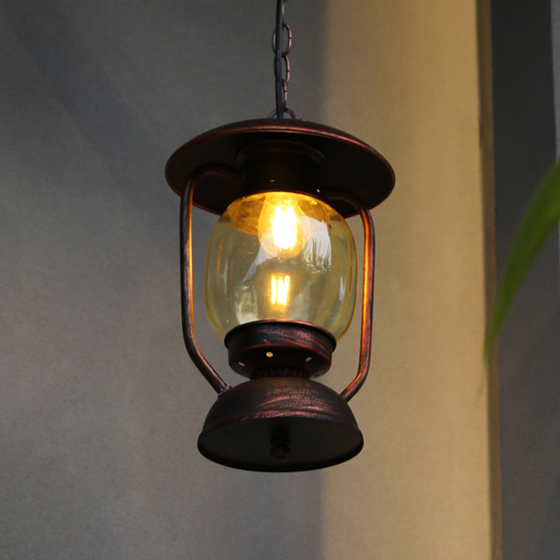 Lampe suspendue en métal laiton/bronze côtier avec verre jaune - Luminaire de plafond pour couloir au kérosène