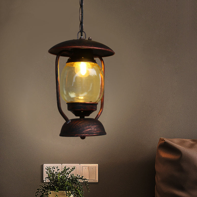 Lampe suspendue en métal laiton/bronze côtier avec verre jaune - Luminaire de plafond pour couloir au kérosène