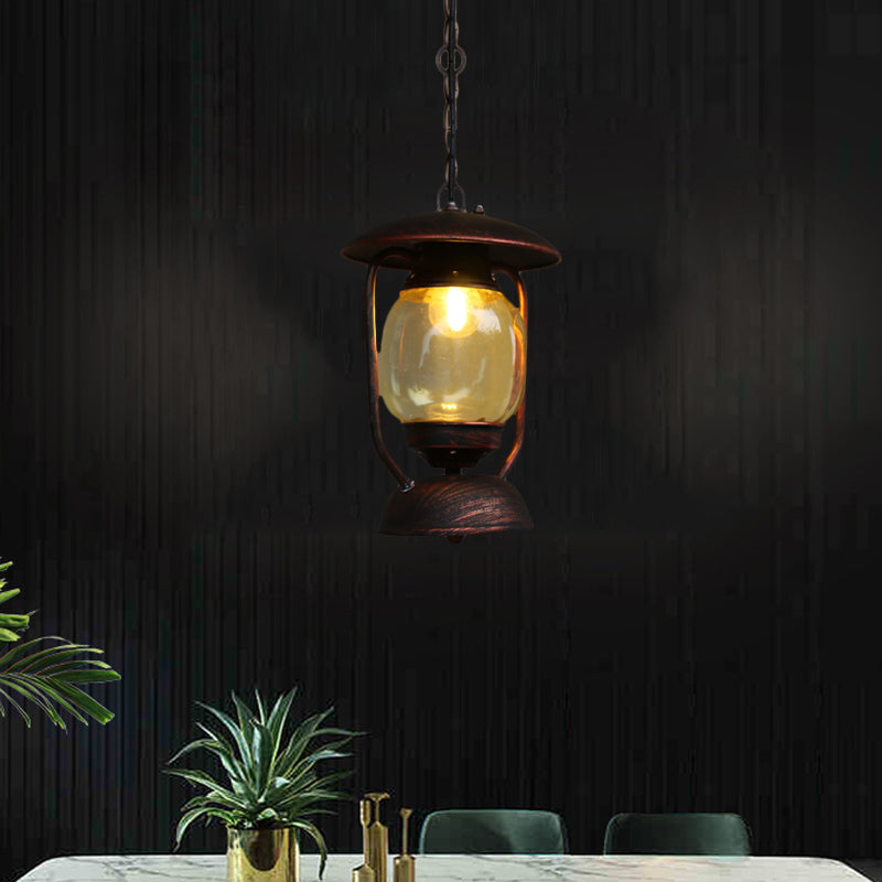 Lampe suspendue en métal laiton/bronze côtier avec verre jaune - Luminaire de plafond pour couloir au kérosène