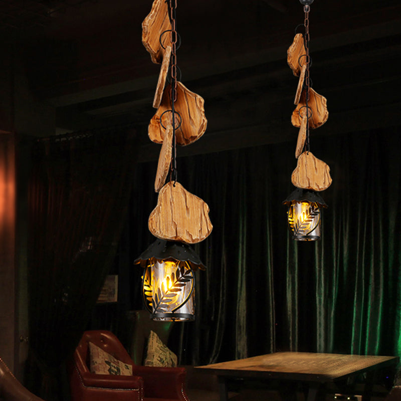 Lampe à suspension moderne pour salle à manger au kérosène – Tissu blanc d'usine/verre transparent – ​​Éclairage vers le bas en bois noir à 1 ampoule