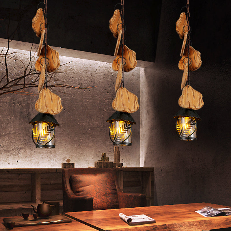 Lampe à suspension moderne pour salle à manger au kérosène – Tissu blanc d'usine/verre transparent – ​​Éclairage vers le bas en bois noir à 1 ampoule