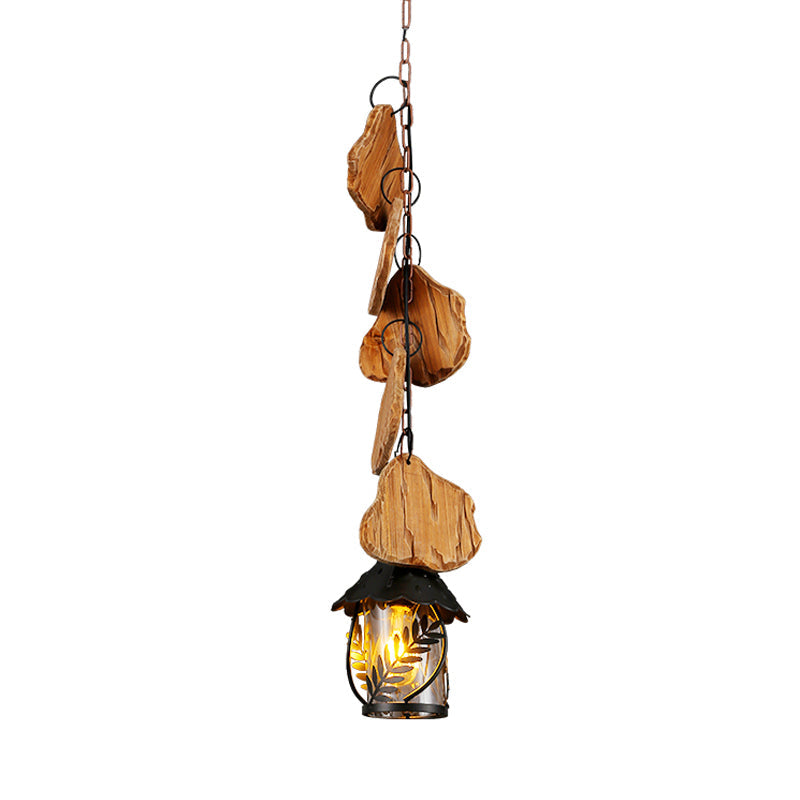 Lampe à suspension moderne pour salle à manger au kérosène – Tissu blanc d'usine/verre transparent – ​​Éclairage vers le bas en bois noir à 1 ampoule