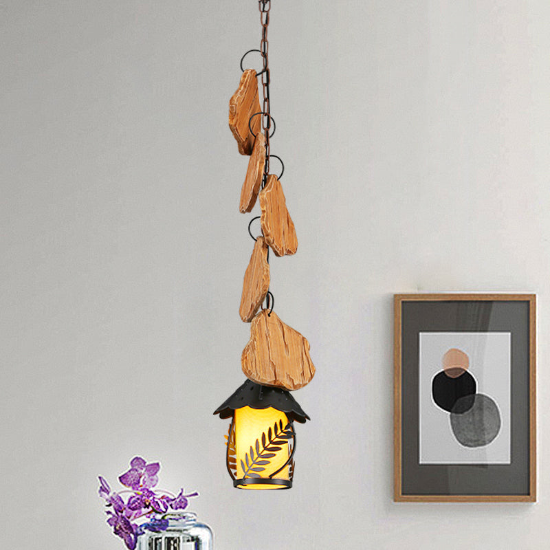 Lampe à suspension moderne pour salle à manger au kérosène – Tissu blanc d'usine/verre transparent – ​​Éclairage vers le bas en bois noir à 1 ampoule
