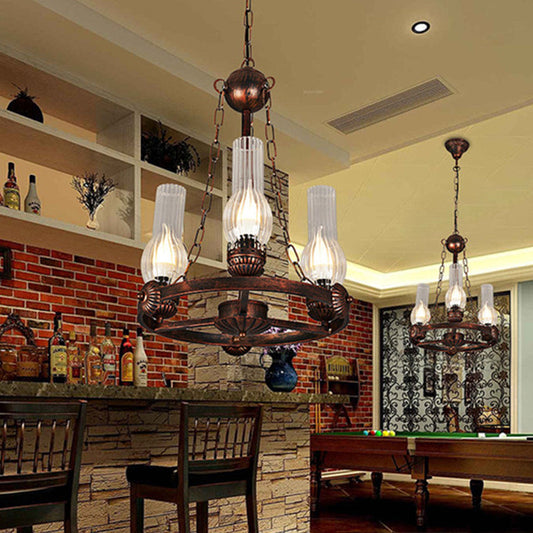 Alicia - Vintage Clear Ribbed Glass Vase Hanging Chandelier Factory 3-Bulb Balcony Pendant Light  with Iron Wheel Design