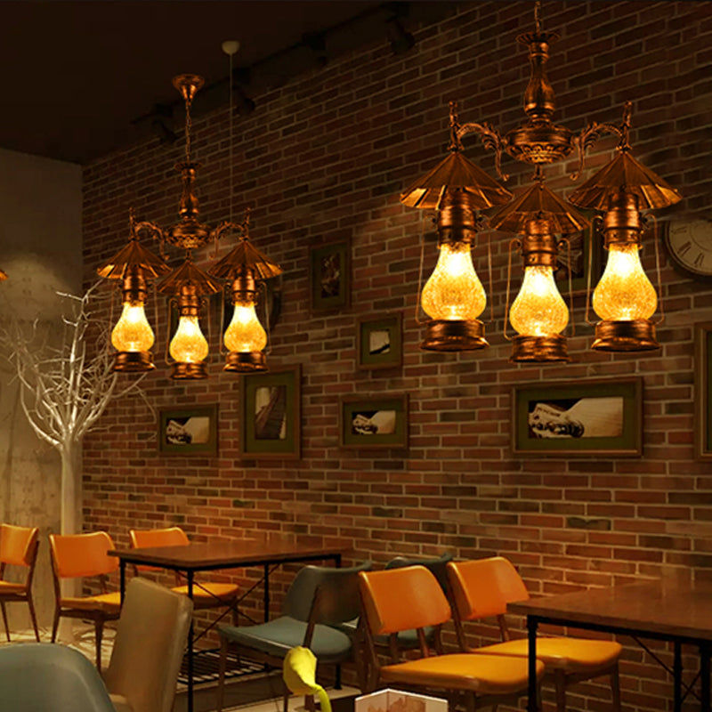 Mara - Bronze Bronze 3 Heads Pendant Chandelier Warehouse Yellow Crackle/White Glass Kerosene Hanging Ceiling Light for Restaurant