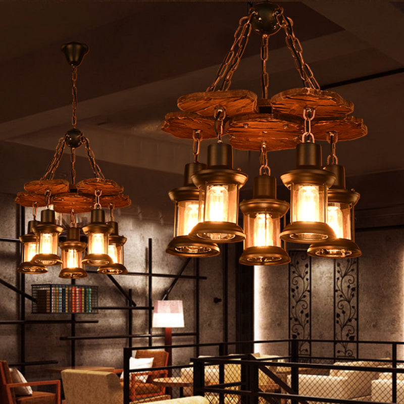 Silvia - Lustre rustique à 5 lumières pour salle à manger de ferme avec suspension en bois et abat-jour en verre transparent en noir