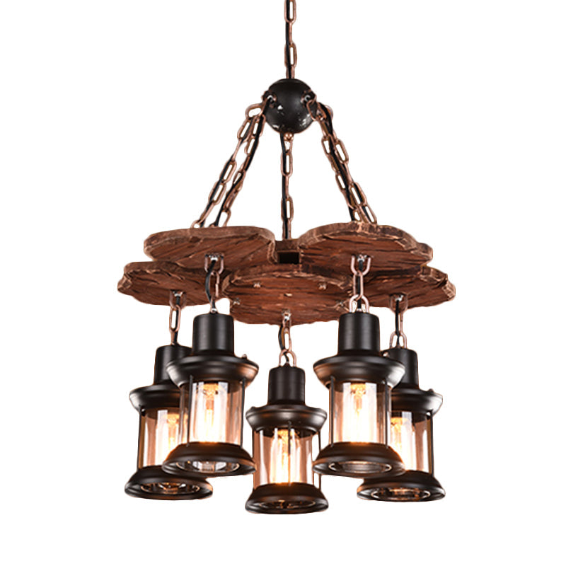 Silvia - Lustre rustique à 5 lumières pour salle à manger de ferme avec suspension en bois et abat-jour en verre transparent en noir