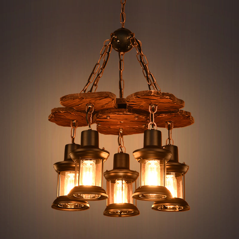 Silvia - Lustre rustique à 5 lumières pour salle à manger de ferme avec suspension en bois et abat-jour en verre transparent en noir