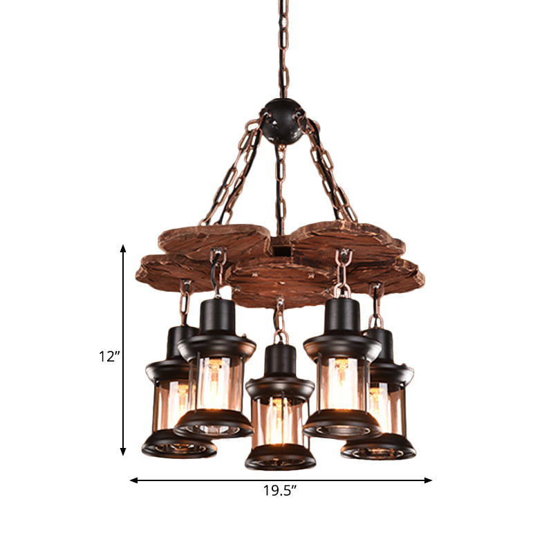 Silvia - Lustre rustique à 5 lumières pour salle à manger de ferme avec suspension en bois et abat-jour en verre transparent en noir