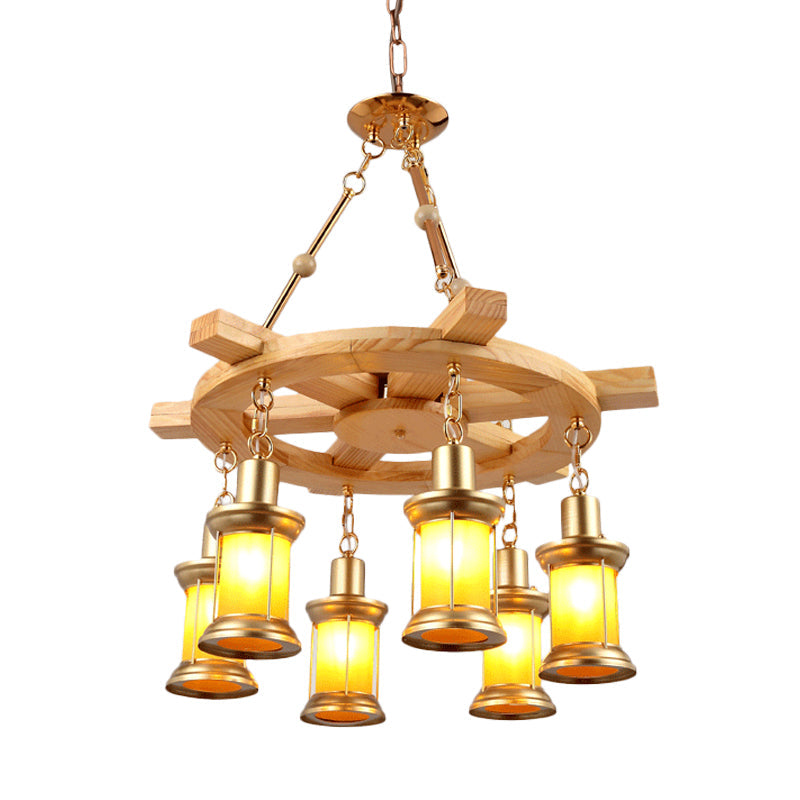 Noemi - Lustre industriel à 6 lampes avec gouvernail en bois décoratif