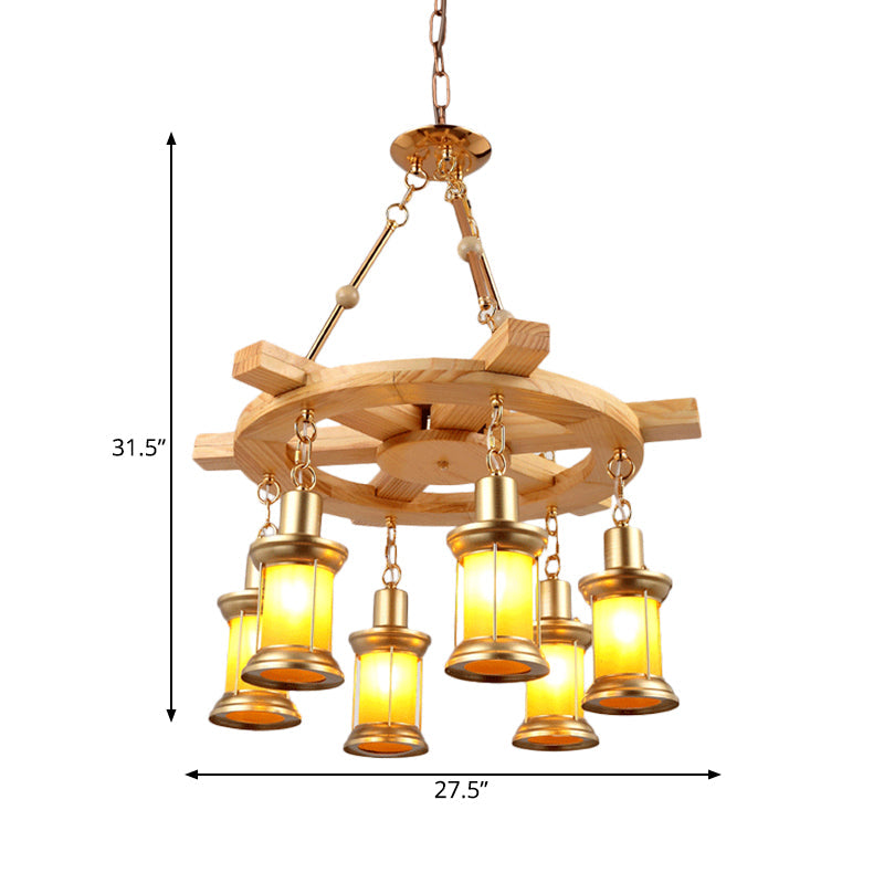 Noemi - Lustre industriel à 6 lampes avec gouvernail en bois décoratif