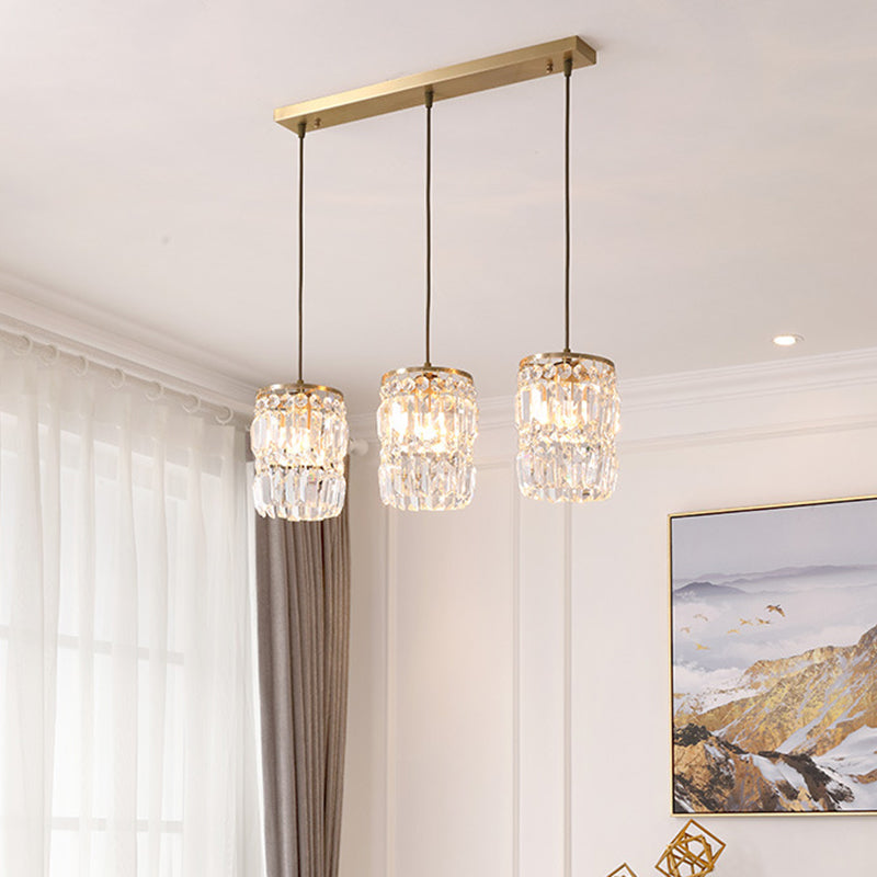 Modern Cylinder Crystal Hanging Light with Brass Finish - 3-Bulb Pendant Lamp Fixture