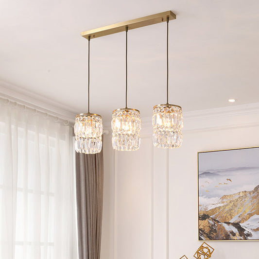 Modern Cylinder Crystal Hanging Light with Brass Finish - 3-Bulb Pendant Lamp Fixture
