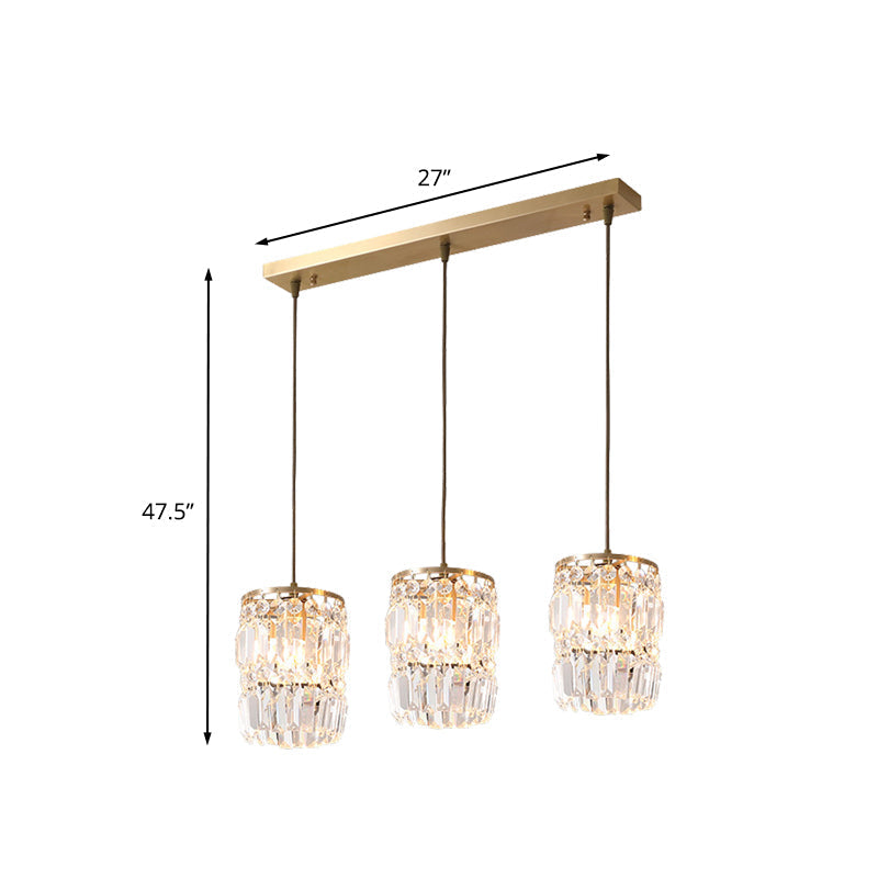 Modern Cylinder Crystal Hanging Light with Brass Finish - 3-Bulb Pendant Lamp Fixture