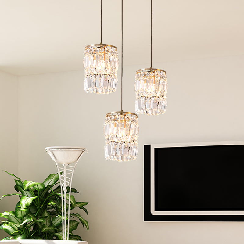 Modern Cylinder Crystal Hanging Light with Brass Finish - 3-Bulb Pendant Lamp Fixture