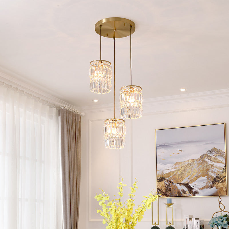 Modern Cylinder Crystal Hanging Light with Brass Finish - 3-Bulb Pendant Lamp Fixture