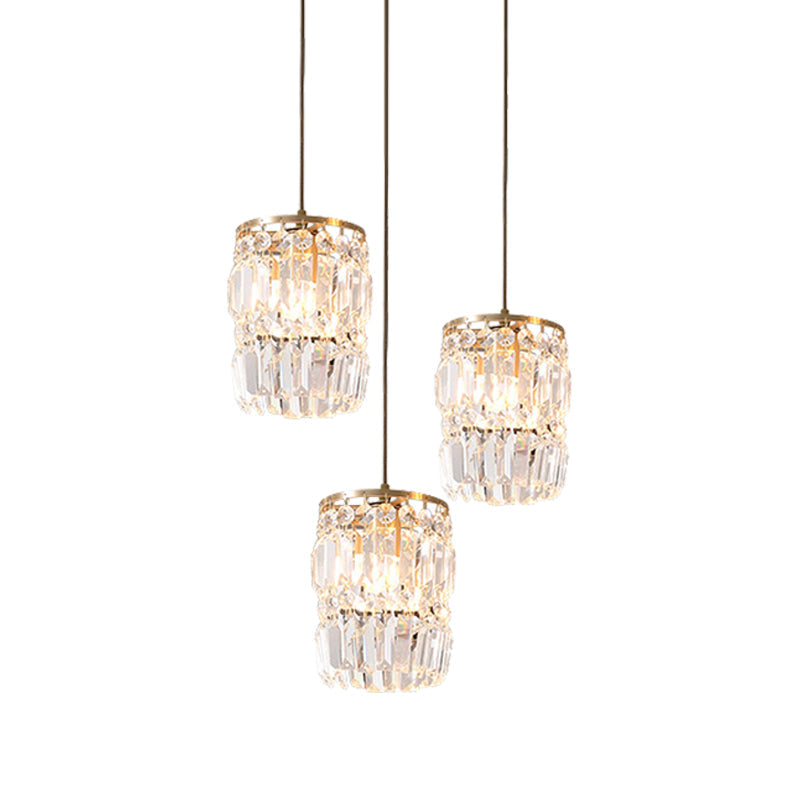 Modern Cylinder Crystal Hanging Light with Brass Finish - 3-Bulb Pendant Lamp Fixture