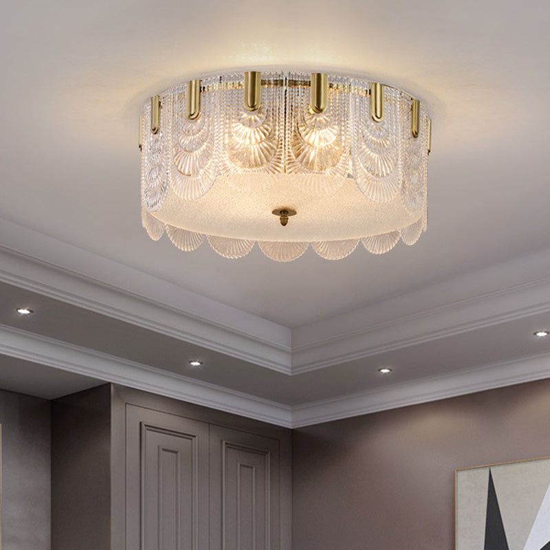 Traditional Drum Flushmount Prism Glass 6-Light Bedroom Ceiling Fixture in Brass