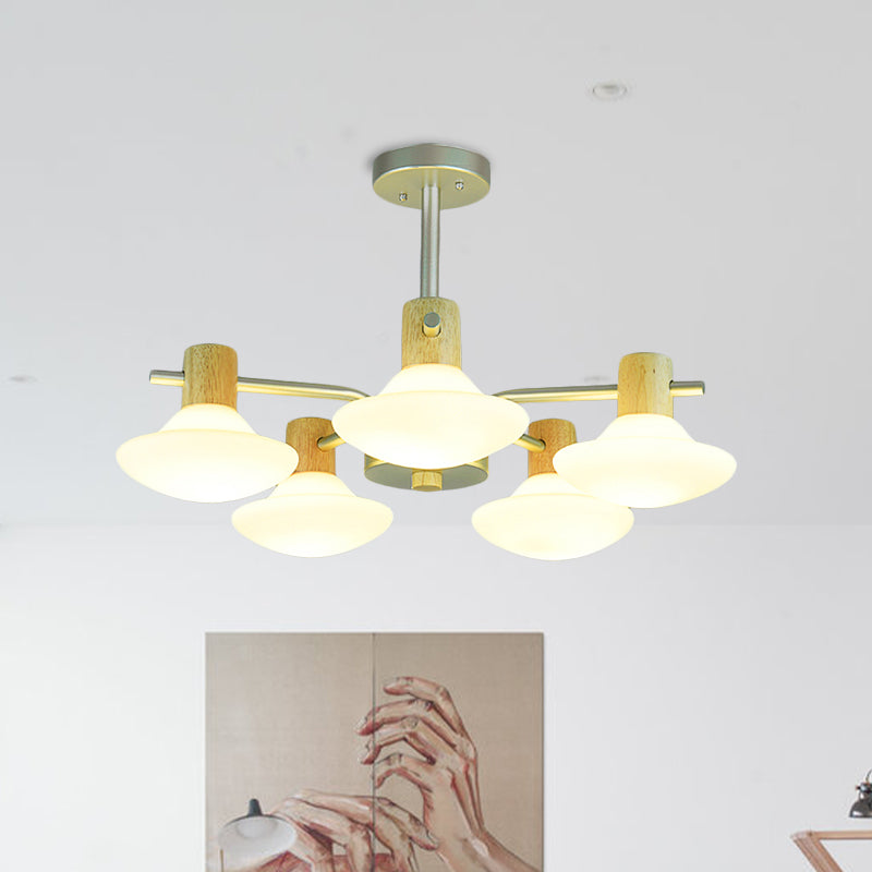 Plafonnier semi-encastré moderne en forme de champignon avec verre givré opale, finition bois - Tête 5/6 pour chambre à coucher