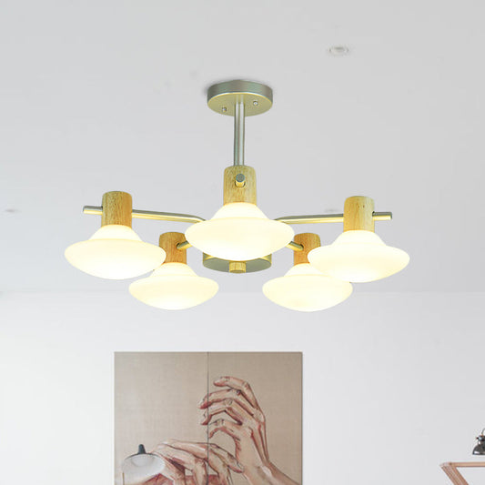 Modern Mushroom Semi Flush Ceiling Lamp with Opal Frosted Glass, Wood Finish - 5/6 Head for Bedroom