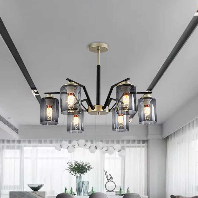Postmodern Black And Gold Chandelier With Smoke Gray Glass: Cylinder Design 5/6 Bulbs Hanging Lamp
