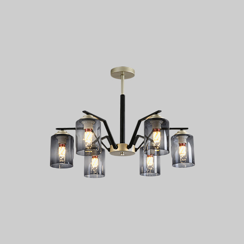 Black and Gold Cylinder Chandelier: Postmodern Design, Smoke Gray Glass, 5/6 Bulbs