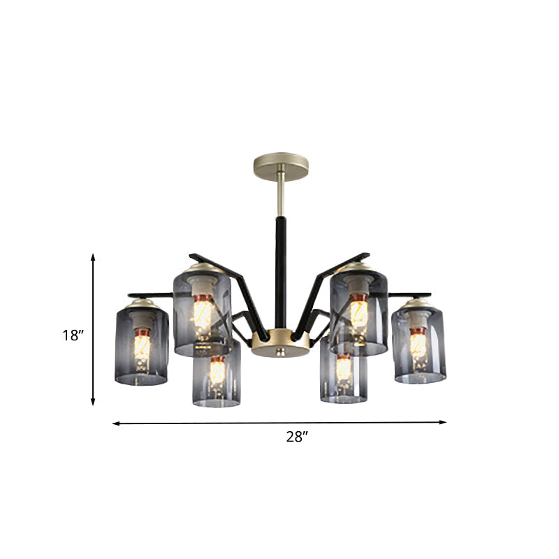 Postmodern Black And Gold Chandelier With Smoke Gray Glass: Cylinder Design 5/6 Bulbs Hanging Lamp
