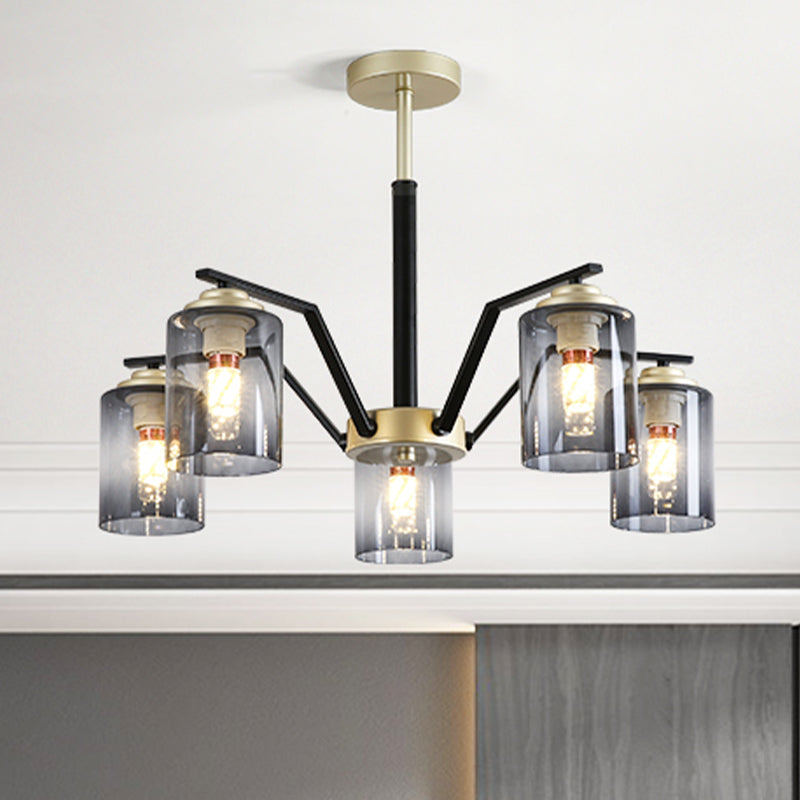Black and Gold Cylinder Chandelier: Postmodern Design, Smoke Gray Glass, 5/6 Bulbs