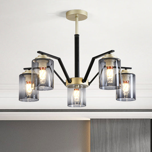 Black and Gold Cylinder Chandelier: Postmodern Design, Smoke Gray Glass, 5/6 Bulbs