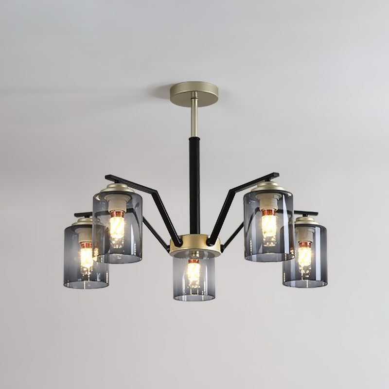 Black and Gold Cylinder Chandelier: Postmodern Design, Smoke Gray Glass, 5/6 Bulbs