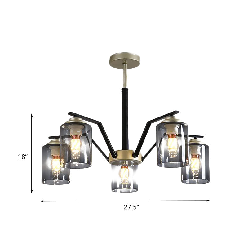 Postmodern Black And Gold Chandelier With Smoke Gray Glass: Cylinder Design 5/6 Bulbs Hanging Lamp