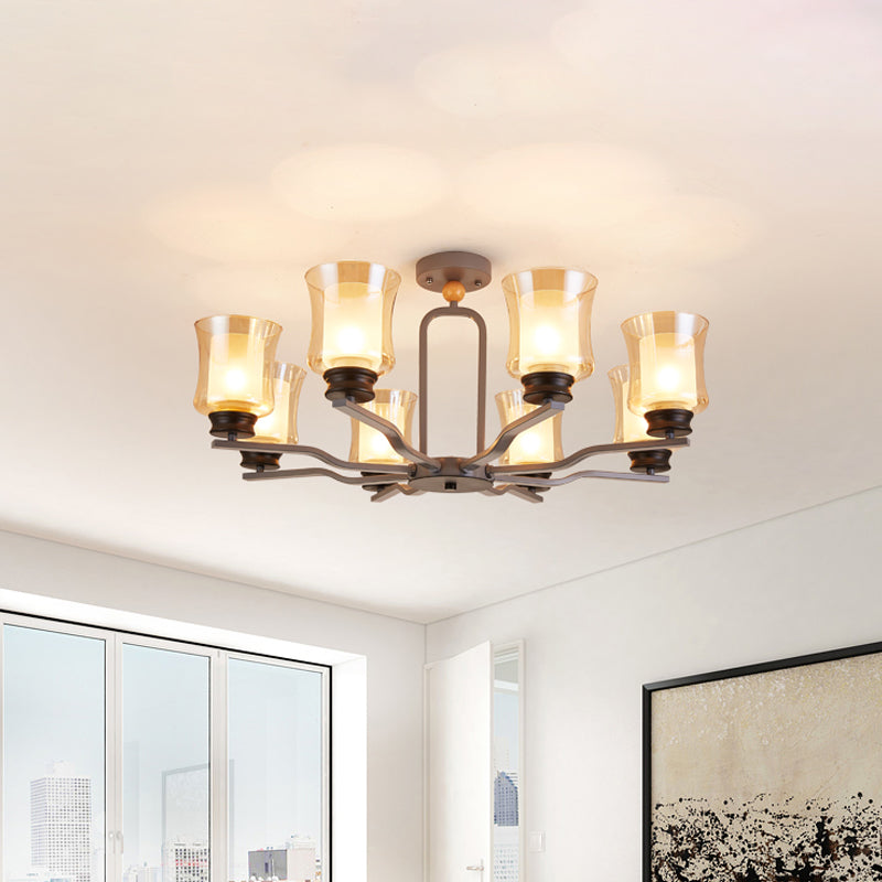 Modernist Semi Flush Mount Ceiling Lamp - Cup Tan Glass 8 Bulbs Radial Design White/Grey/Green Grey