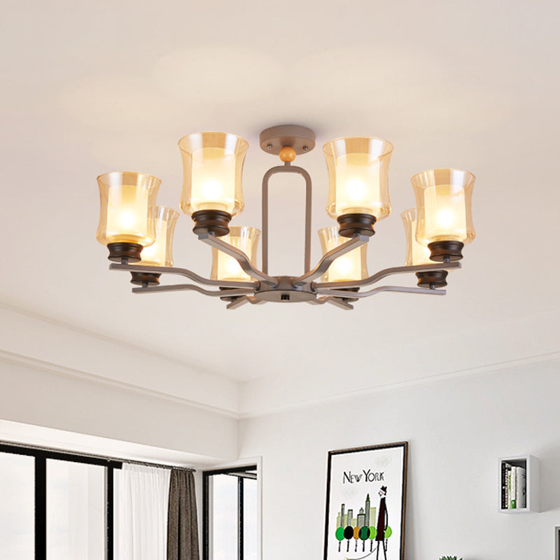 Modern Semi Flush Mount Cup Tan Glass Ceiling Lamp with 8 Bulbs in White/Grey/Green