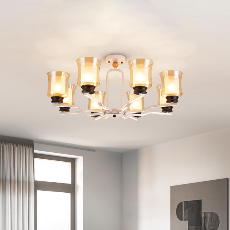 Modern Semi Flush Mount Cup Tan Glass Ceiling Lamp with 8 Bulbs in White/Grey/Green