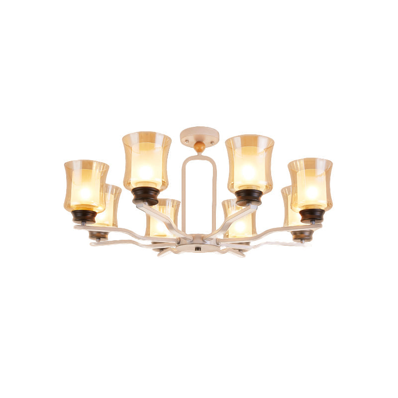 Modern Semi Flush Mount Cup Tan Glass Ceiling Lamp with 8 Bulbs in White/Grey/Green